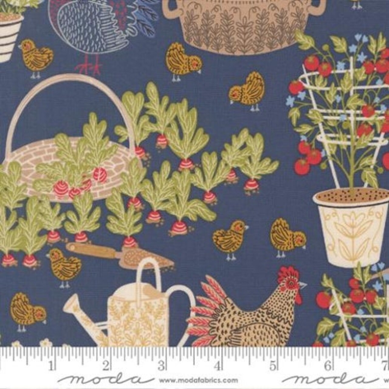 The Henhouse Chicken Garden Landscape and Nature Denim Cotton Fabric by the Yard